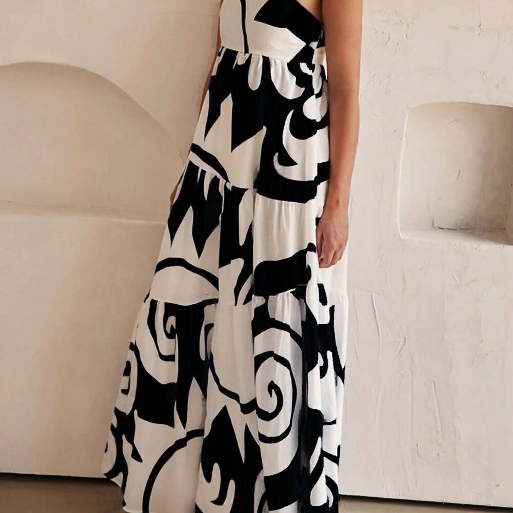 Black Casual Women's Holiday Random Printed Swing Maxi Cami Dress - Picture 4 of 4